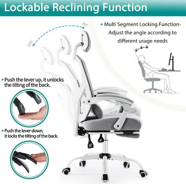 Ергономічне офісне крісло DUMOS, письмове крісло зі зручними підлокітниками, оснащене зручною поперековою опорою та підставкою для ніг, підходить для домашнього використання, C-3509-сірий, 50,75 x 39 x 26 дюймів