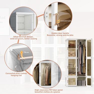 Біла шафа, складна шафа для зберігання речей з вішалкою для одягу, багатофункціональна шафа для спальні, вітальні, квартири, дуже легке складання (170x50x69см)