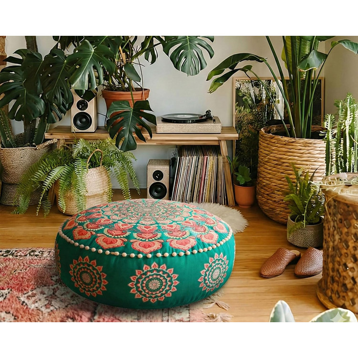 Бірюзовий круглий пуф-пуф з оксамитовою вишивкою Мяка вишита підлогова подушка з марокканським візерунком, діаметром 60 см, ідеально підходить для вітальні, спальні або кімнати для медитації. Бірюзовий колір 59Г x 59Ш x 20В см