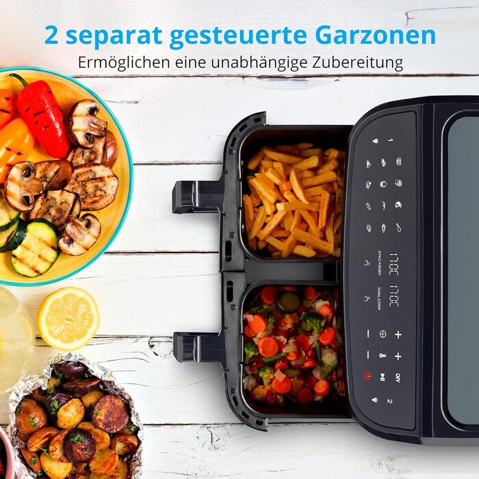 Фритюрниця MEDION P20 XXL з 2 камерами (8,7 літрів, 2 600 Вт, подвійна камера, 9 автоматичних програм, 2 висувні ящики, оглядове вікно, подвійна фритюрниця, подвійне приготування та функція синхронізації) Чорний