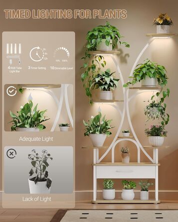Підставка для рослин Hzuaneri з лампою для вирощування, 9-ярусна підставка для квітів з 4 світлодіодними лампами RG, регульований колір та час, 164 см, ідеально підходить для вітальні, балкона, саду, біла, PS16016WEU 9 ярусів білого кольору
