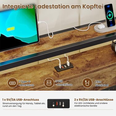 Ліжко 140x200 з металевою рейковою основою, металевий каркас ліжка з розеткою та функцією зарядки через USB, двоспальне ліжко з місцем для зберігання речей, підлогове ліжко, дитяче ліжко, каркас ліжка для спальні та гостьової кімнати (140x200 см)