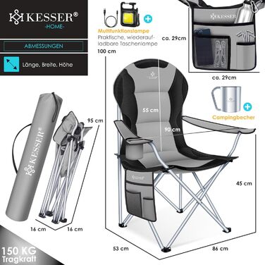 Складаний кемпінговий стілець KESSER, до 150 кг, Рибальський стілець, Складаний стілець, М&39який з підлокітниками, Висока спинка, Пляжний стілець, Складаний табурет, включаючи кемпінговий ліхтарик, Підставка для напоїв, Сумка та чашка, Сірий/Чорний
