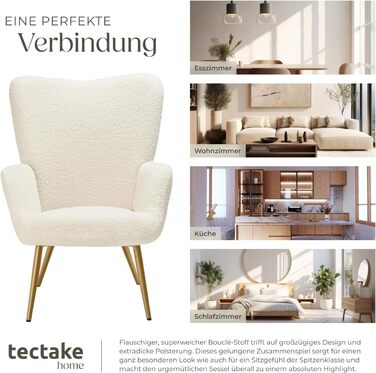 Крісло tectake у скандинавському стилі з крильцями, крісло Teddy Hygge, вельветове крісло для вітальні, спальні, їдальні, вишукане крісло-гостина, вантажопідйомність до 150 кг - букле кремовий/золотий без пуфа букле кремовий/золотий