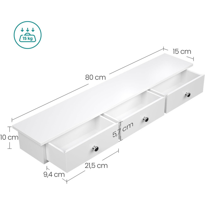 Настінна полиця SONGMICS, плаваюча полиця з 3 шухлядами, вантажопідйомність до 15 кг, 15 x 80 x 10 см, для коридору, вітальні, офісу, легке складання, економить місце, сучасна, біла LWS085W01