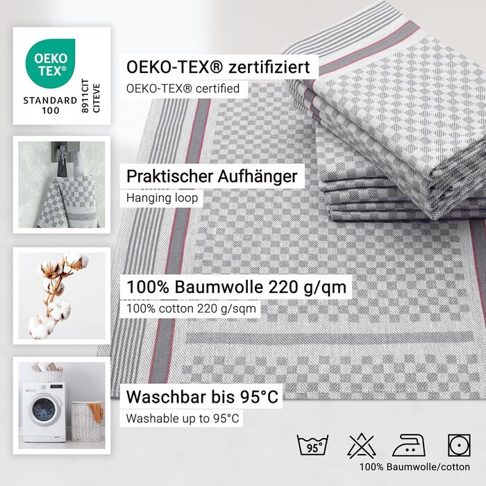 Набір з 10 чайних рушників, 50x100 см, бавовна, сірий в клітинку 50 x 100 см антрацит