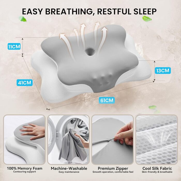Подушка для шиї - ортопедична подушка з піни з ефектом пам&39яті для підтримки шиї від болю в шиї, ергономічна подушка-метелик для сну на боці, спині та животі, світло-сірий - білий