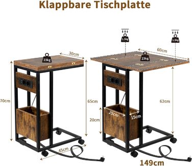 Приставний столик Hadulcet для дивана, С-подібний приставний столик, розкладна стільниця, столик для ноутбука з колесами, зарядна станція, вузький приставний столик для вітальні, спальні, висота 70 см, приставний столик темно-коричневого кольору