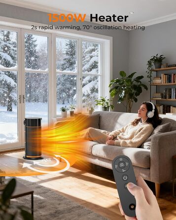 Енергозберігаючий електричний вентилятор-обігрівач - тихий керамічний вентилятор-обігрівач PTC потужністю 2000 Вт, 4-швидкісний нагрів, таймер 9 годин, пульт дистанційного керування, режим ECO, коливання 70, захист від перегріву та перекидання, чорний