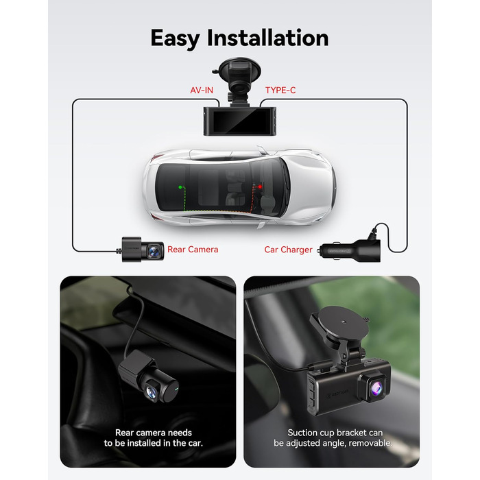 Відеореєстратор автомобільний передній задній, сенсорний екран 3.18 дюйма, голосове управління, вбудований 5.8 ГГц WiFi GPS, безко