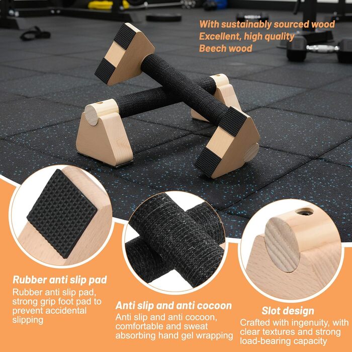 Дерев&39яні ручки для віджимань з ремінцями на зап&39ястя, 2 шт., перекладина для віджимань 25 см, паралельні бруски, що не ковзають у суглобах, ергономічні, нековзні ручки для стійки на руках, обладнання для калістеніки для віджимань у стійці на руках