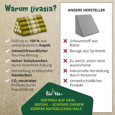 Візерунчаста подушка для спини livasia - 30x50x30 см - Трикутна подушка для саду, клиноподібна подушка з капоком, веганська та ручної роботи, подушка для медитації (зелена)