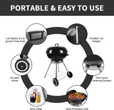 Портативний вугільний гриль 18 дюймів з аксесуарами, потужний гриль на колесах з полицею для зберігання для приготування їжі на відкритому повітрі, барбекю та кемпінгу