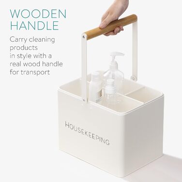 Коробка для домашнього господарства Navaris - 3 знімні відділення - Органайзер для засобів для чищення з ручкою для зберігання посуду - Вінтажний кошик для прибирання - Білий матовий