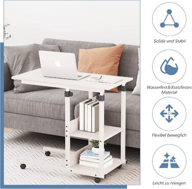 Журнальний столик Dripex з колесами, регульований по висоті стіл для ноутбука, виготовлений з дерева, столик для дивана, тумбочка, журнальний столик для спальні, вітальні, білий