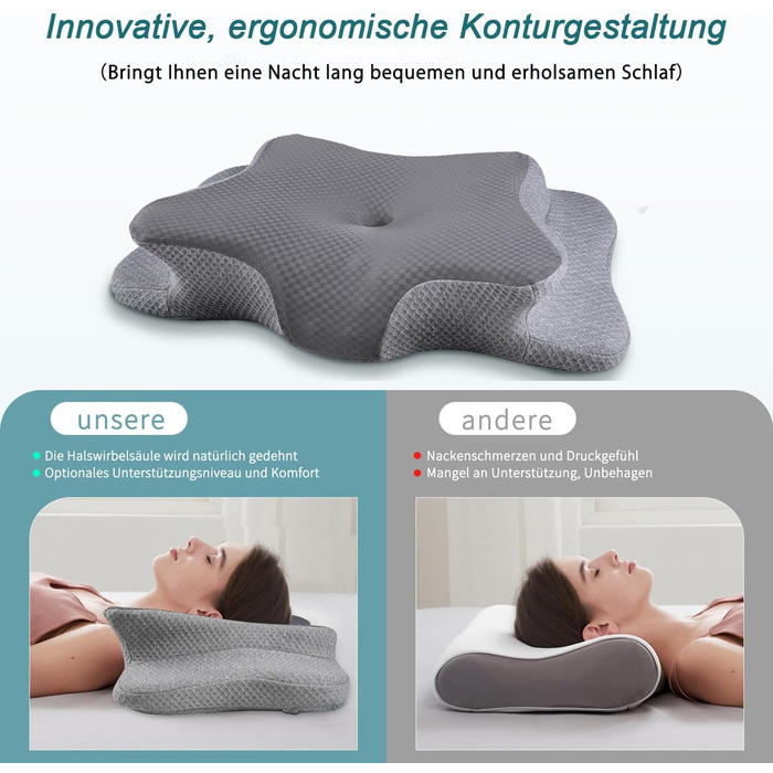Подушка з піни з ефектом пам&39яті, подушка для шийного відділу хребта для полегшення болю в шиї та плечах, ергономічна контурна подушка для ліжка, м&39яка для сну на боці, животі та спині, суцільно сіра