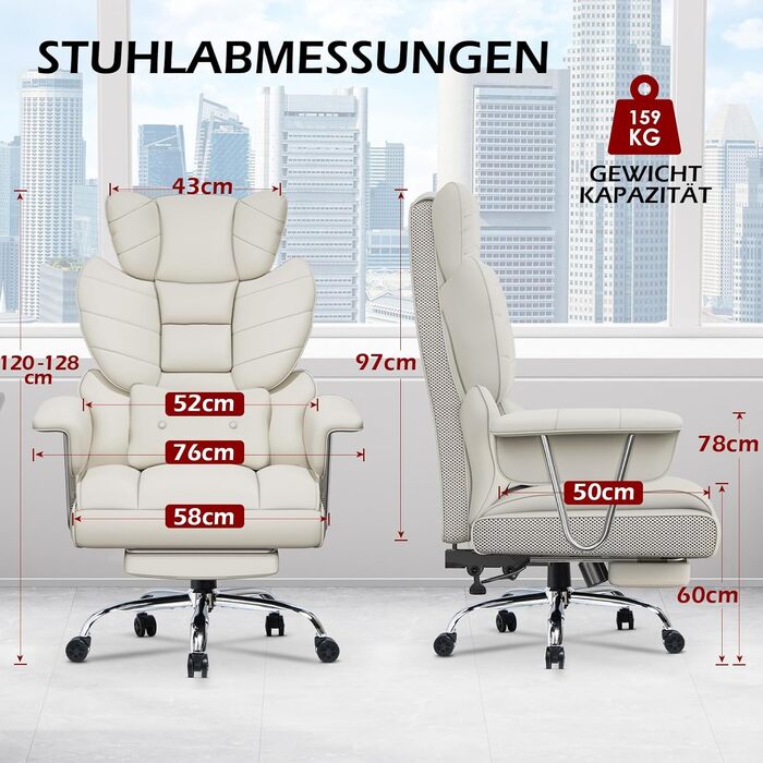 Ергономічне офісне крісло з висувною підставкою для ніг, регульоване по висоті робоче крісло, велика м&39яка спинка, індивідуальна поперекова підтримка, крісло керівника зі штучної шкіри, білий колір з підставкою для ніг