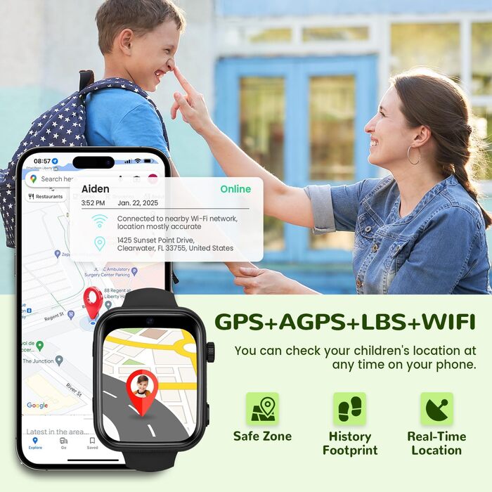 Дитячий смарт-годинник з функцією відеодзвінків та телефону, GPS, голосовий чат, WhatsApp, WiFi, SOS, SMS, шкільний режим, крокомір, водонепроникний IP68, будильник, дитячий смарт-годинник для дівчаток/хлопчиків, чорний