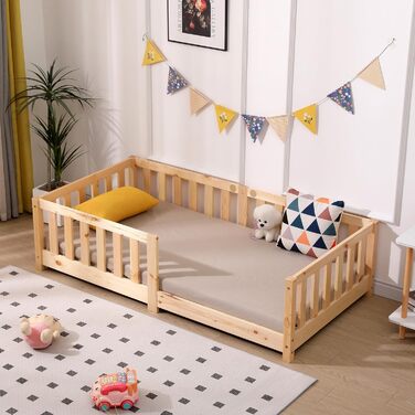 Дитяче ліжко ecomi 80x160 із захистом від падіння, Ліжко на підлозі, Рейкова основа для дітей, Дитячі ліжка для дівчаток та хлопчиків, Масив сосни з натуральним покриттям, 80 x 160 см