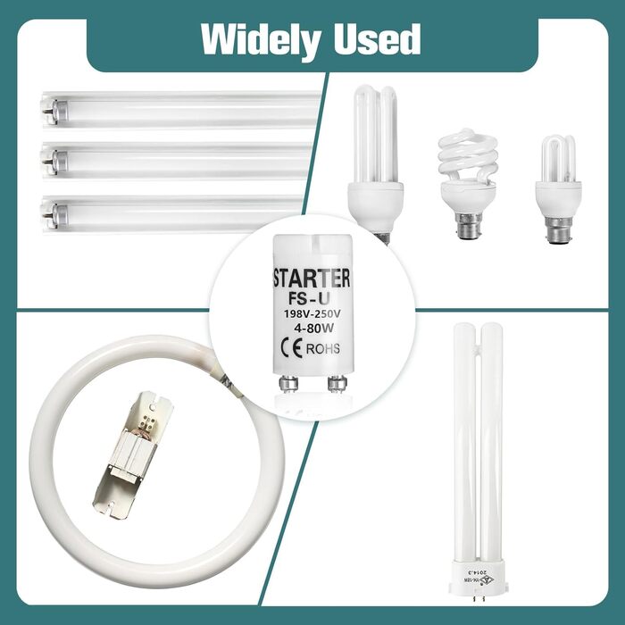 Універсальний стартер Rumgug 6 шт. для люмінесцентних ламп і світлодіодів, FS-U 4-80 Вт, 198-250 В, ефективне запалювання для одного контуру (Набір B)