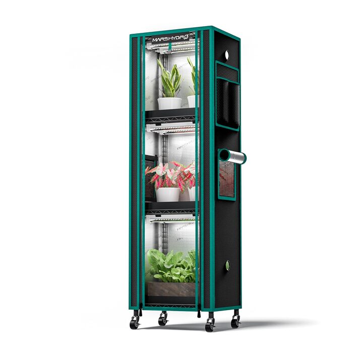 Підставка для рослин MARS HYDRO 2025 з лампами для вирощування, 4-рівнева полиця для рослин з 6 світлодіодними лампами повного спектру (54 Вт, 12 дюймів) та міні-теплиця для вирощування овочів, розсади, рослин, 5000K, 16x12x47 дюймів, розмір - 4030120 см