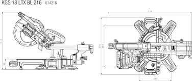 Акумуляторна поперечна пила Metabo KGS 18 LTX BL 216 (18V 4Ah Li-Power, зарядний пристрій ASC 55, коробка, з функцією протягування, клас M, пила) 614216920