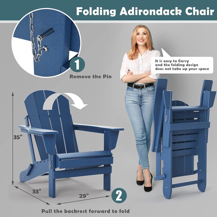 Стілець TORVA Adirondack з переробленого пластику, HDPE, розбірний, відкритий, крісла для патіо, крісло для газону, стійкий до погодних умов, стілець Adirondack, темно-синій