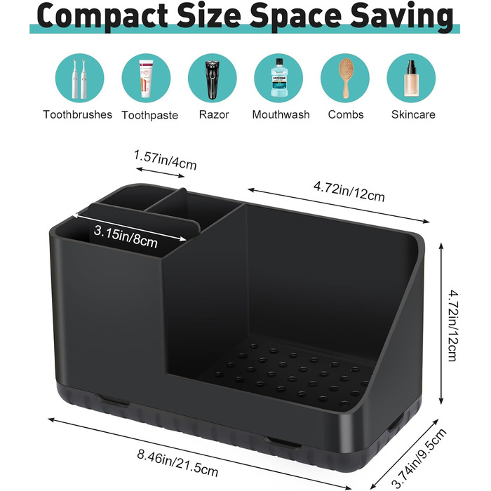 Тримач для зубної щітки для органайзера для ванної кімнати, тримач для електричної зубної щітки зі зливним отвором, знімний органайзер для зубної щітки для ванної кімнати, кухні та сімї (чорний)