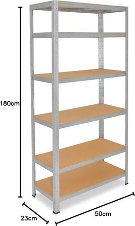 Міцний домашній стелаж, оцинкований/металевий стелаж з 6 полицями/металевий стелаж для підвалу, гаражний стелаж, стелаж для майстерні або стелаж для зберігання/змішаний металевий стелаж з вантажопідйомністю 145 кг В 180 см / Ш 23 см / Г 50 см, 180x23x50