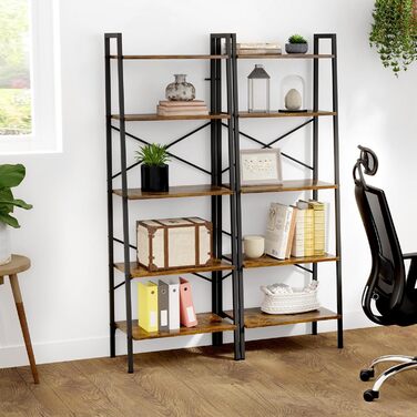 Дубова та чайна полиця, 5-ярусна книжкова шафа, окремостояча полиця, полиця-драбина, 172 см, відкриті вузькі полиці, сталевий каркас, промисловий дизайн, для офісу, кабінету, вітальні, спальні, вінтажний коричнево-чорний рустикальний коричневий