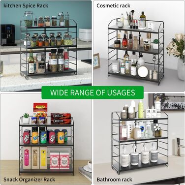 Металева підставка для спецій AIRUJIA, 3-рівнева регульована кухонна полиця, органайзер для столу, підходить для кухні, ванної кімнати та спальні, кухонна полиця для зберігання у ванній кімнаті, чорного кольору