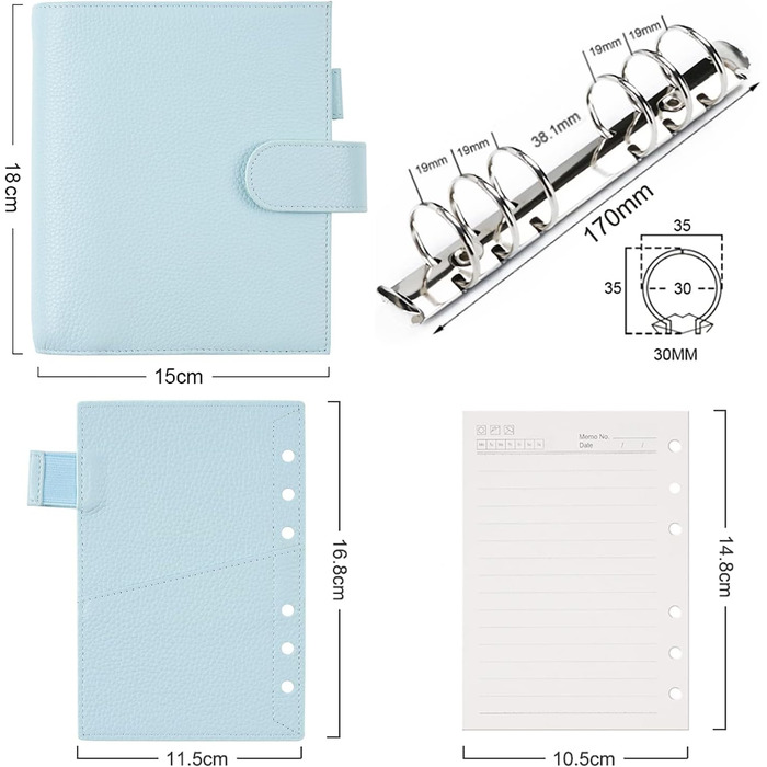 Органайзер з натуральної шкіри (кільце 30мм, галька - світло-блакитний), 6 Luxe Rings Planner -