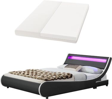 М'яке ліжко Juskys Valencia 140x200 см в комплекті з матрацом, світлодіодним підсвічуванням, рейковою рамою та узголів'ям - ліжко