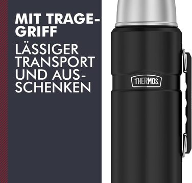 Термос THERMOS STAINLESS KING, матово-чорний, 1,20 л - нержавіюча сталь, герметичний, з чашкою для пиття та ручкою, 12 годин гарячої та 24 години холодної води, можна мити в посудомийній машині, без BPA