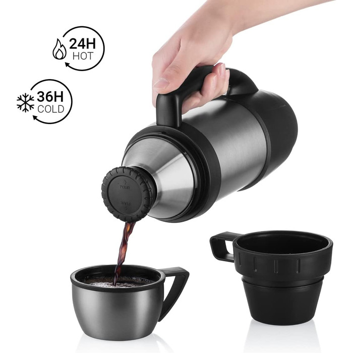 Термос 720DGREE з 2 чашками &39bigBoy&39 1,2 літра - Герметичний, міцний - Термос з нержавіючої сталі преміум-класу для гарячих напоїв, кави, чаю - Ізольована пляшка для пиття, Ізольована пляшка з 2 чашками 1200 мл Кам&39яно-сірий Сірий
