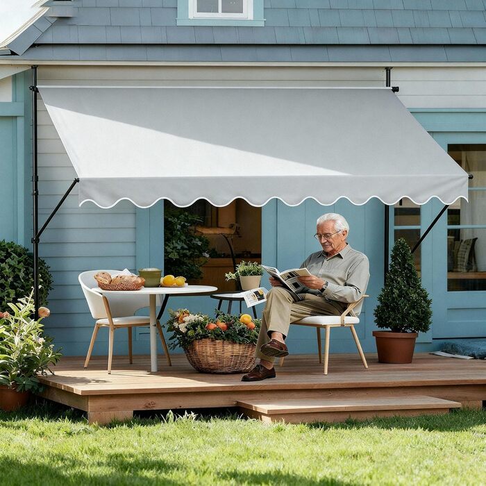 Тент Aufun з кріпленням на щипці та ручним кріпленням, балкон 200 x 120 см, світло-сірий, балконний тент без свердління, сонцезахисний тент з поліестеру, стійкий до ультрафіолету та регульований по висоті, накриття для патіо