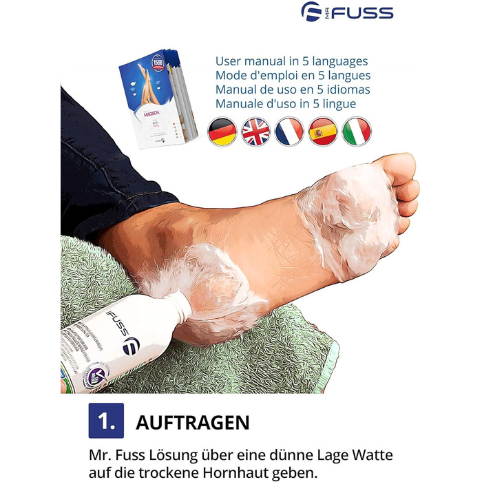 Засіб для дбайливого видалення мозолів Mr. Fuss Швидко розм'якшувальний лосьйон 250 мл 4 в упаковці Plus Pack. Педикюрний набір для догляду за ногами без шліфування з миттєвим ефектом.