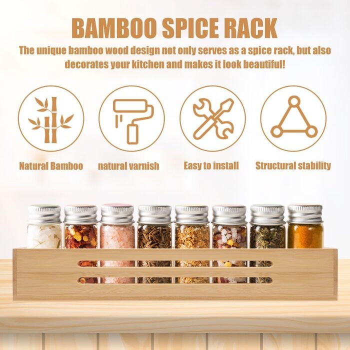 Секційна бамбукова підставка для спецій настінна з гвинтом, клейка наклейка бамбукова підставка для спецій тримач для спецій можна використовувати на дверцятах шаф або холодильника, стоячи або підвішуючи, для дому, офісу, кухні, ванної кімнати, 2-