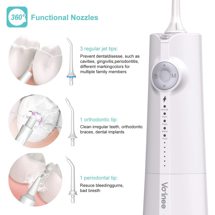 Бездротовий іригатор порожнини рота Voinee Care, професійний іригатор порожнини рота з 5 режимами очищення, 6 рівнями тиску та 5 змінними насадками, що обертаються на 360, водонепроникний IPX7, для чищення зубів (білий)