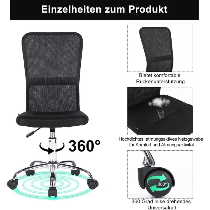 Ергономічне офісне крісло Mingone, сітчасте стільце для столу, регульоване по висоті крісло, поворотне на 360 комп&39ютерне крісло з поперековою опорою, вантажопідйомність до 120 кг, чорна сітка