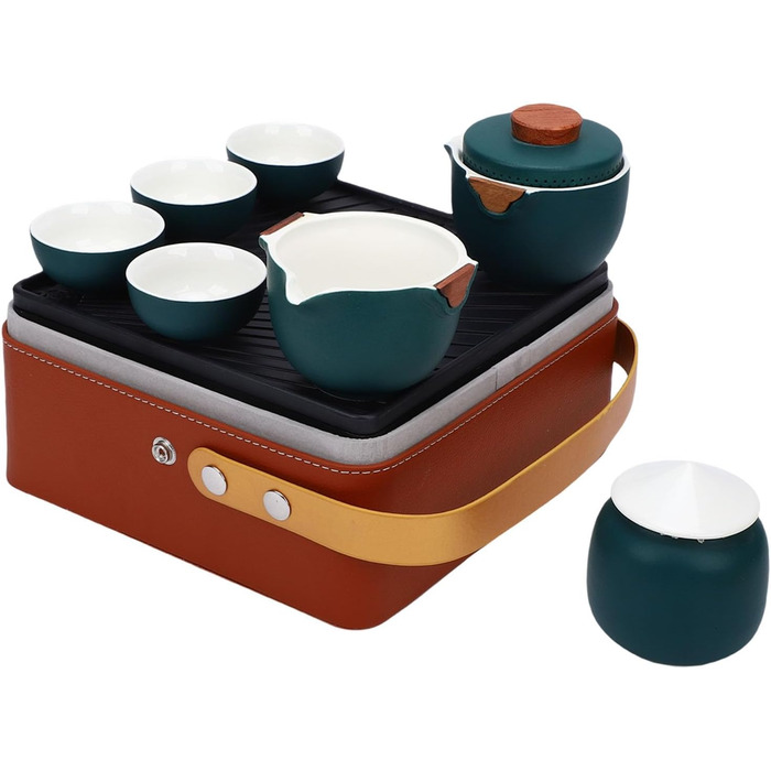 Гонфу-чайний сервіс, портативний керамічний чайний набір в елегантній коричневій коробці та темно-зеленому кольорі, для подорожей, дому, як подарунок, на відкритому повітрі та в офісі