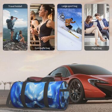 Синя смугаста сумка-дорожня сумка з черепом, кругла, великої місткості, легка та міцна, подарунок для походів, відпустки, ділових поїздок та іншого, синій полумяний череп, універсальний розмір