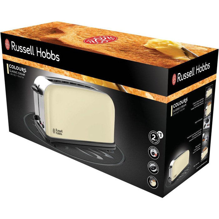 Тостер Russell Hobbs довгий слот для 2 скибочок / 1 широка скибочка хліба Кольори Крем з нержавіючої сталі (надзвичайно широкі отвори для тостів, включаючи насадку для булочки, 6 рівнів підрум'янювання функція розморожування, 1000 Вт)21395-56