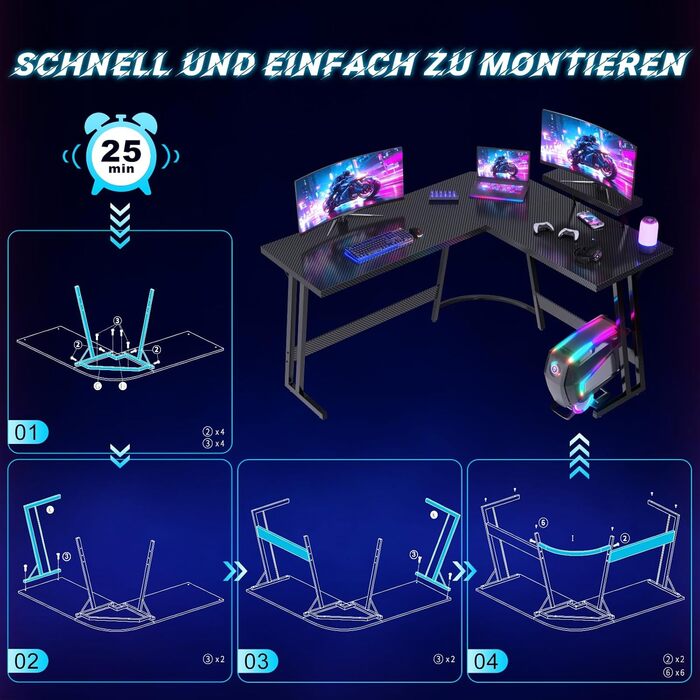 Ігровий стіл L-подібний 150x130 см, Кутовий стіл для ігор, L-подібний стіл з підставкою для монітора, Карбоново-чорний 150 x 130 см Чорний