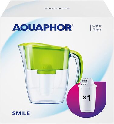 Фільтр для води AQUAPHOR Smile light green, включаючи 1 фільтр A5 з магнієм I Зменшує вапняний наліт і хлор I Графин на 2,9 л I Компактний і легкий фільтр для води I Настільний фільтр для води I Розміщується в дверцятах холодильника