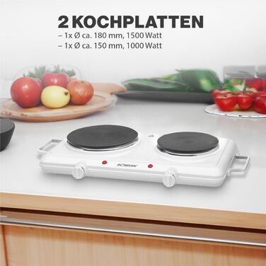Подвійна конфорка Bomann Потужна конфорка з безступінчатими термостатами 2 конфорки Cool-TouchGrips Подвійна варильна поверхня на 1500 Вт/1000 Вт DKP 5028 CB Одинарна подвійна конфорка