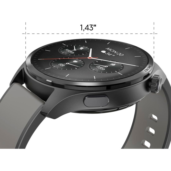 Розумний годинник Hama (сховище музики, кольоровий AMOLED-дисплей 1,43 дюйма, скло Panda Glass, GPS, функція телефону, водонепроникність, WhatsApp, голосовий помічник, трекер сну, 110 спортивних режимів, крокомір, пульсометр тощо) чорний