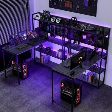 Г-подібний стіл Yansee, ігровий стіл з полицею, світлодіодне освітлення, порт зарядки USB, порт Type-C та розетка, кутовий стіл для домашнього офісу 120 x 50 x 75,5 см, чорний