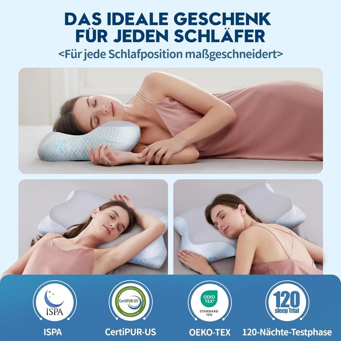 Подушка з піни з ефектом пам&39яті - подушка для шиї 2-в-1, подушка для сну на боці, комфортна подушка з віскозної піни для сну на боці, спині та животі, сіра 65x39x12 см