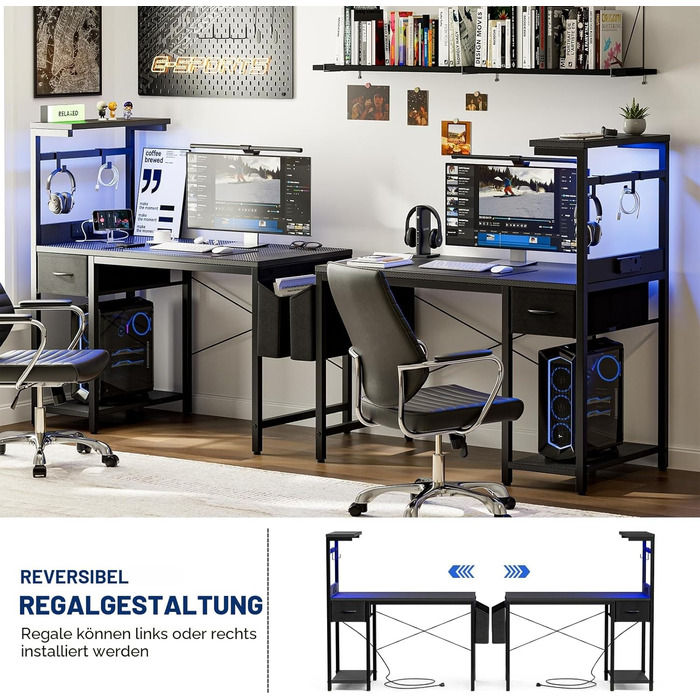 Ігровий стіл Grandder, ігровий стіл 100 см з розеткою та світлодіодним освітленням, комп&39ютерний стіл з двосторонніми полицями та шухлядою, ПК-стіл для домашнього офісу з відділенням для зберігання, чорний колір, 100 x 50 см, чорний колір